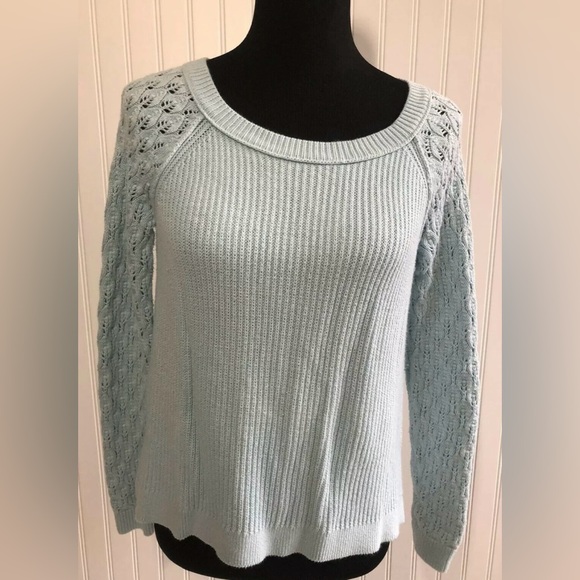 Ann Taylor Loft Open Knit Long Sleeve Sweater Womens Size Small Blue Back Button - Picture 3 of 12